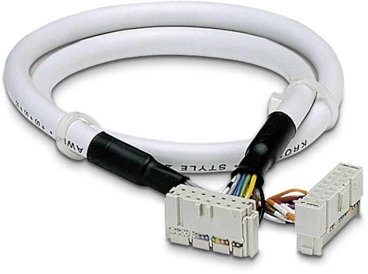 Ein elektrisches Kabel mit mehreren farbigen Drähten, das mit einem weißen Mantel umhüllt ist, endet in einem Steckverbindungsstecker.