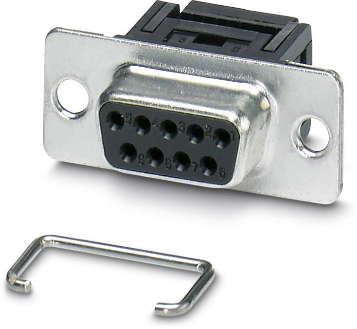 Metallischer 9-poliger Steckverbinder mit rechteckiger Abschirmung und zwei montierten Löchern, liegt neben einer kleinen Metallklammer.