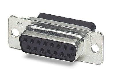 Ein silberner, rechteckiger Steckverbinder mit 15 runden Pins, verwendet für VGA-Kabelverbindungen in Computern und Monitoren.