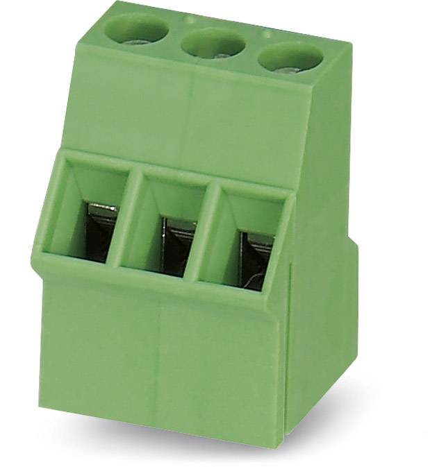 Grüner dreipoliger Steckverbinder mit Schraubklemmen, verwendet zur Verbindung elektrischer Drähte auf einer Leiterplatte.