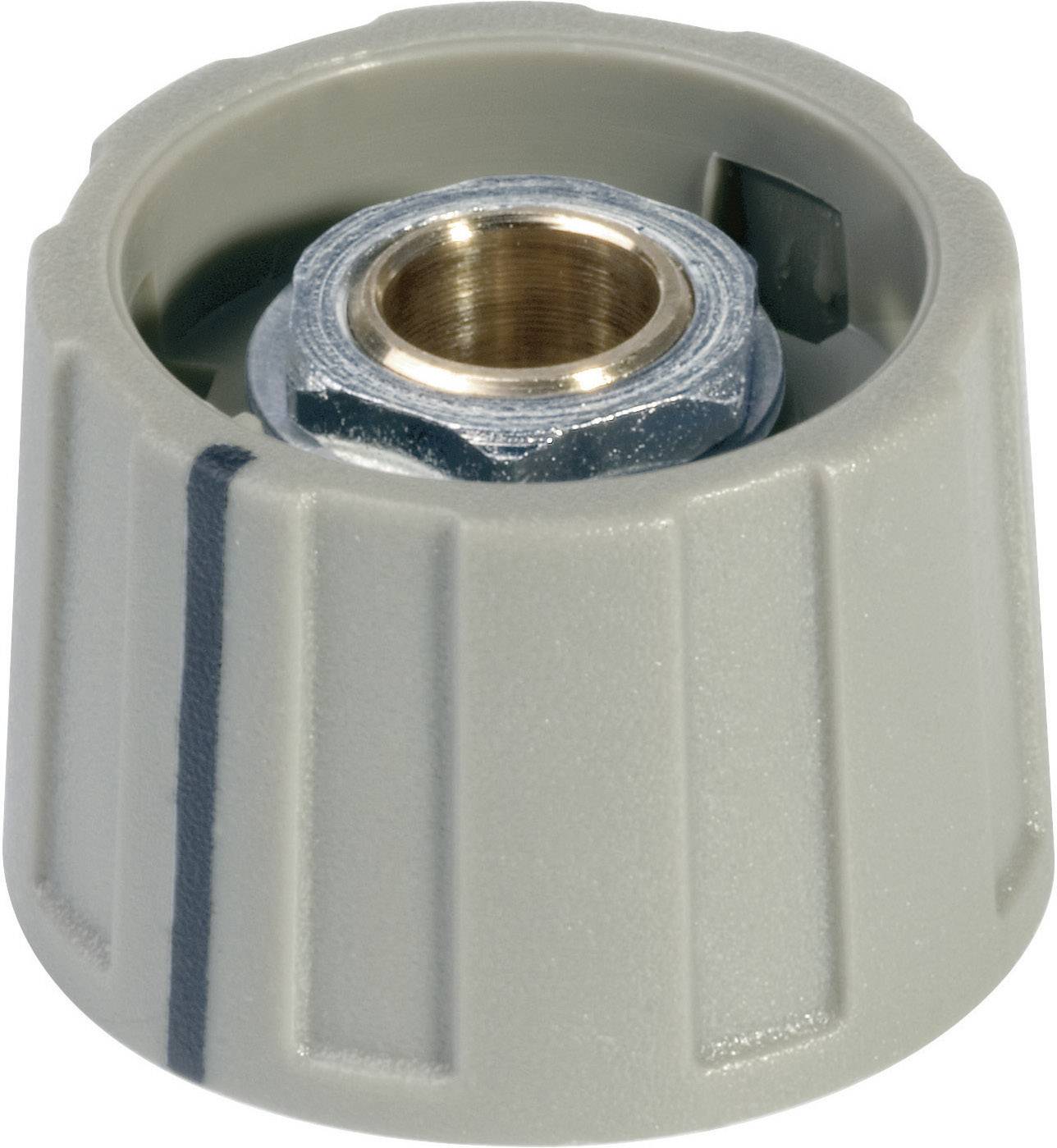 Grauer Drehknopf mit Rillenstruktur und zentrischem Metallgewinde, geeignet zur Handsteuerung von mechanischen Geräten.