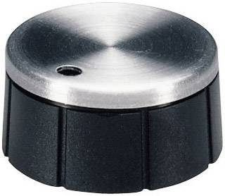 Ein runder, silberner Metallknopf mit schwarzem Kunststoffkörper, möglicherweise ein Drehregler, von oben abgebildet.