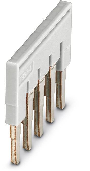 Ein graues elektrisches Kontakt-Brückenelement mit fünf Metallstiften, geeignet für Anschlüsse in elektrischen Geräten.