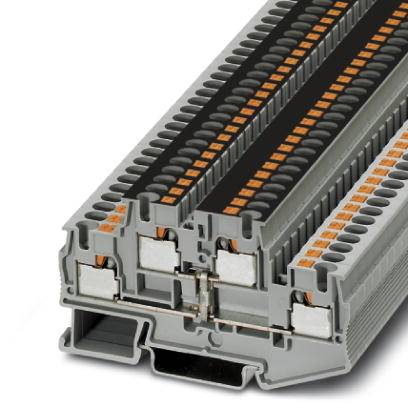Klemmenblock mit mehreren Anschlüssen in grauer Farbe, geeignet für industrielle elektrische Verkabelung.