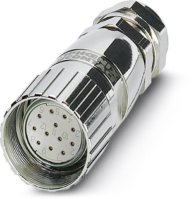 Metallischer Rundsteckverbinder mit zwölf nummerierten Anschlusspins, geeignet für industrielle Anwendungen und sichere Verbindungen.