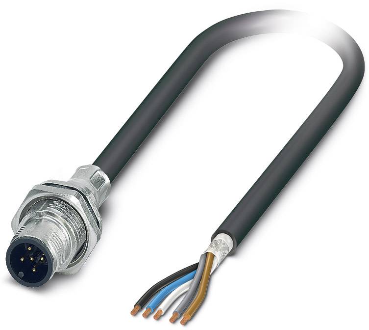 Ein schwarzes Kabel mit einem Metallstecker und vier farbigen Drahtenden: braun, blau, weiß und schwarz.