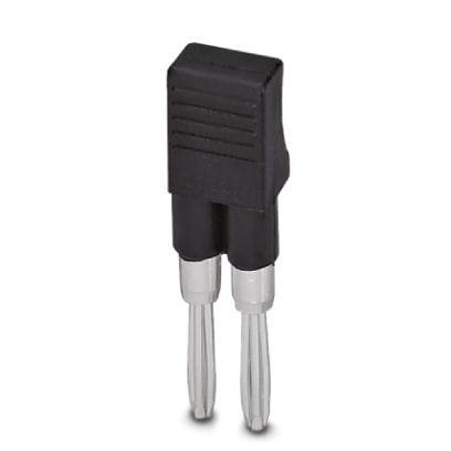 Schwarzer Bananenstecker mit zwei Metallstiften, verwendet zur Verbindung von elektrischen Geräten oder Leitungen.