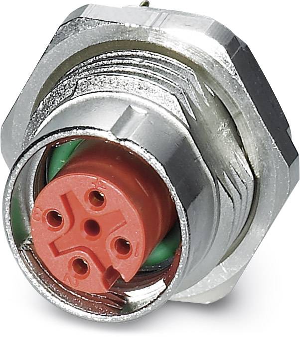 Nahaufnahme eines runden, mehrpoligen Steckers mit einem roten Einsatz, der für die Verbindung in elektronischen Geräten verwendet wird.