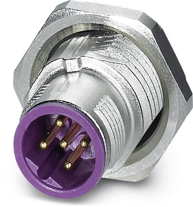 Ein Metallstecker mit violetter Buchse und mehreren goldenen Kontakten. Er ist zylindrisch und hat ein sechseckiges Schraubgewinde.