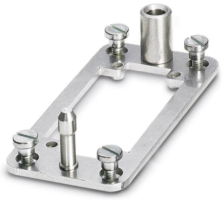 Metallplatte mit rechteckiger Öffnung, fünf Schrauben und zylindrischen Stiften. Verwendet für mechanische Befestigungen.