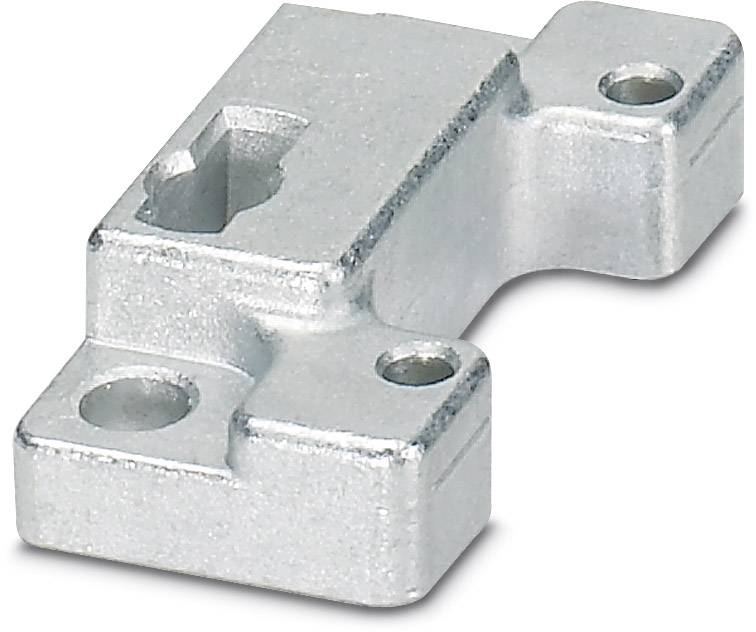 Ein silbernes Metallbauteil mit drei Bohrungen und einer eckigen Aussparung auf der Oberseite. Wichtig für mechanische Befestigungen.