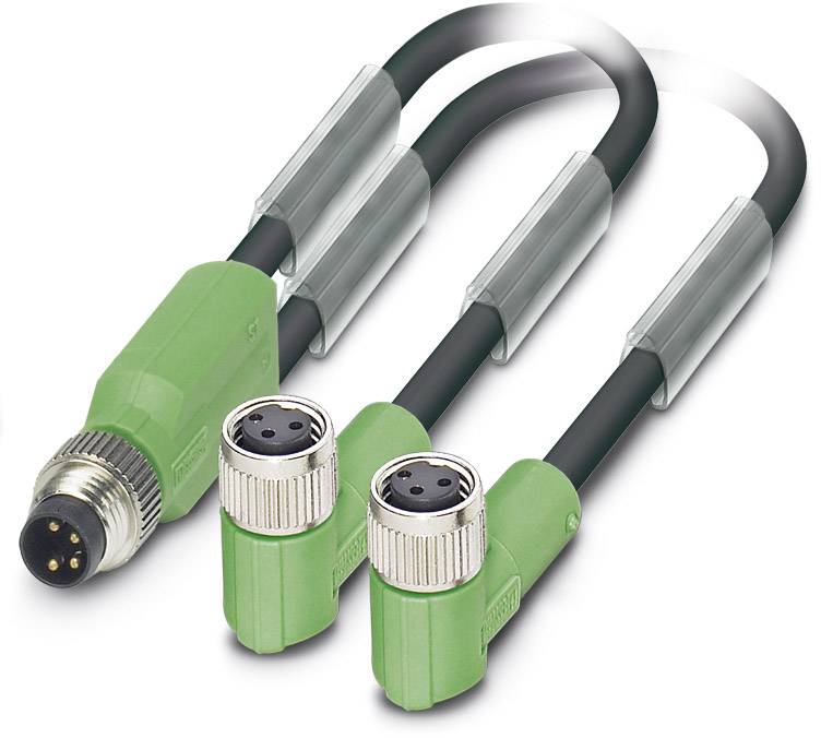 Zwei grüne M8-Steckverbinder mit Metallanschlüssen und Kabelschläuchen. Geeignet für industrielle Anwendungen und Sensorik.