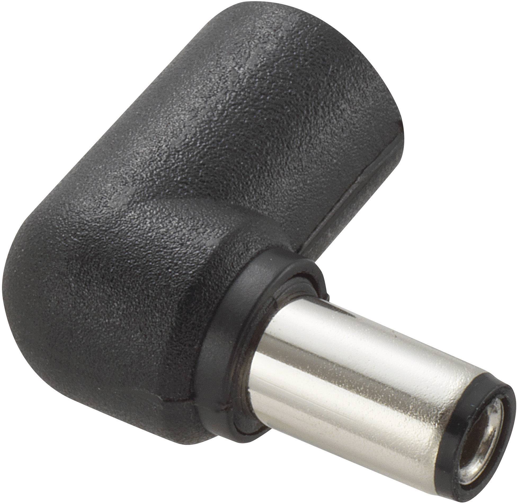 Ein schwarzer, abgewinkelter DC-Stecker mit Metallkontakt, häufig für elektronische Geräte verwendet.