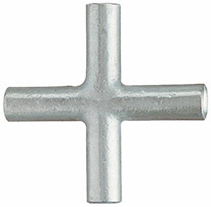 Silbernes Metallkreuzstück mit vier gleich langen Armen, symmetrisch angeordnet; typisches Rohrverbindungsstück.
