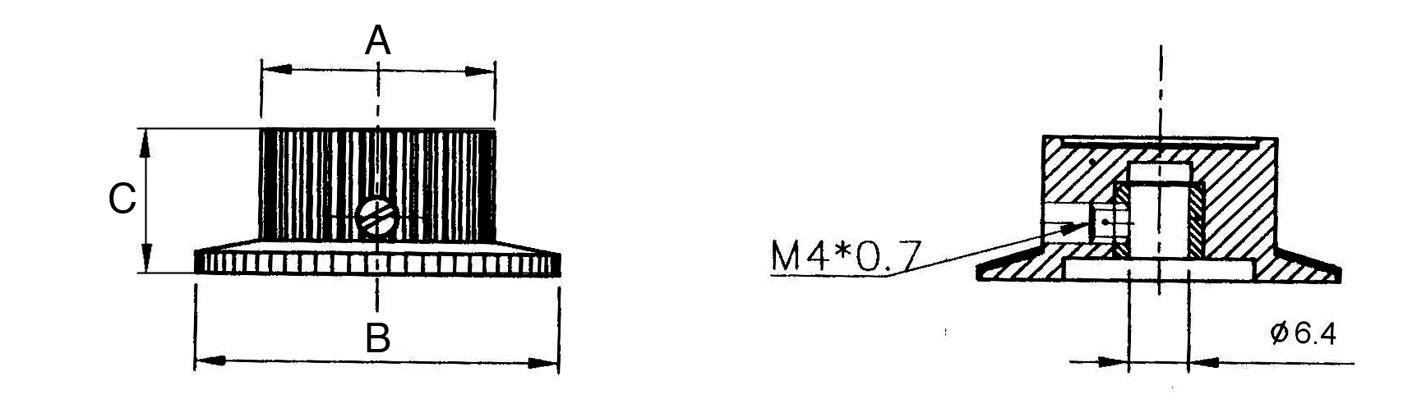 Technische Zeichnung eines rotierenden Knopfes. Links: Höhe C, Durchmesser A und B. Rechts: Querschnitt mit Gewinde M4*0,7.