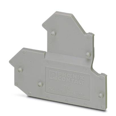 Ein grauer Abschlussdeckel von Phoenix Contact für Reihenklemmen. Modelnummer: D-UK5-STE-6,2. Geeignet für elektrische Installationen.