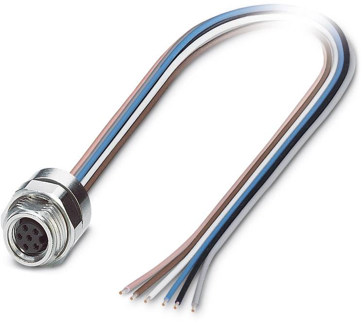 Ein mehradriges Kabel mit Metallstecker, das sieben farbige Drähte enthält: schwarz, blau, braun, weiß, grau, rot und grün.