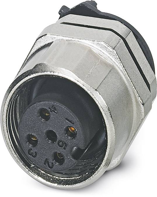 Metallischer Steckverbinder mit fünf runden Pins, nummeriert von 1 bis 5. An der Oberseite ist ein schwarzes Kunststoffstück sichtbar.