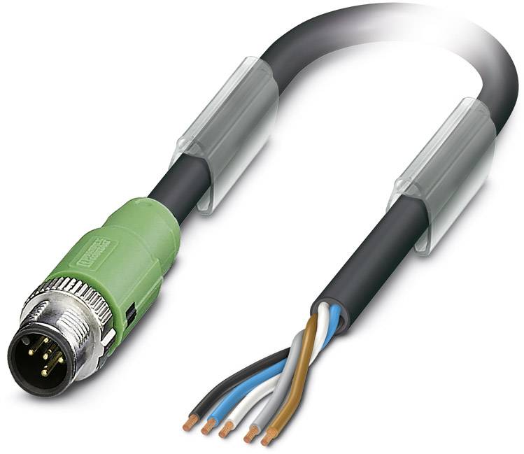 Ein industrielles Steckverbindungskabel mit grünem Stecker und fünf farbigen offenen Drähten: braun, weiß, blau, schwarz, grau.