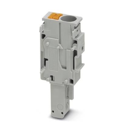 Ein graues, vertikales, industrielles Steckverbindermodul mit orangenem Hebel oben, zur elektrischen Verbindung in Schalttafeln.