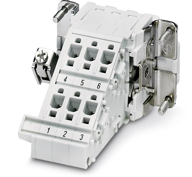 Ein weißer elektrischer Steckverbinder mit nummerierten Anschlüssen (1-6), befestigt an einer Metallhalterung.