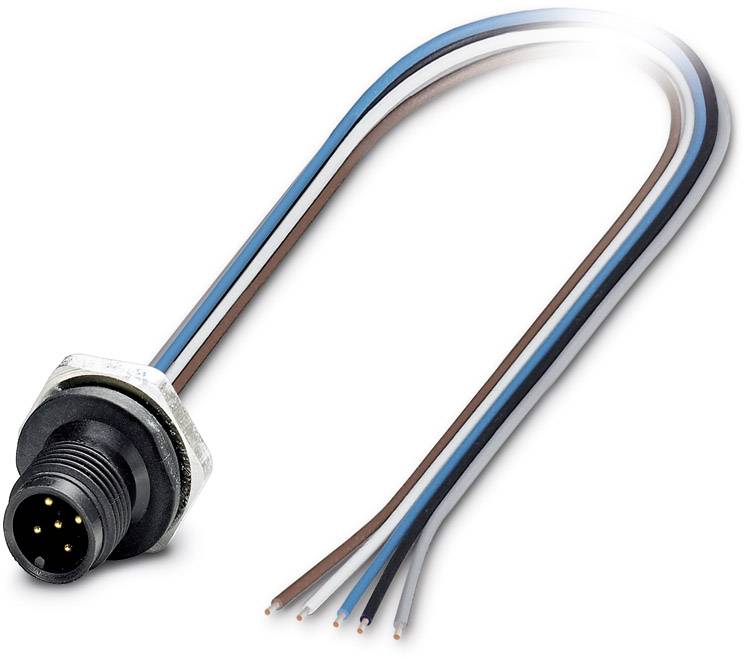 Ein schwarzer mehrpoliger Kabelstecker mit vier farbigen Drähten: braun, weiß, blau und grau, die aus der Rückseite herausragen.
