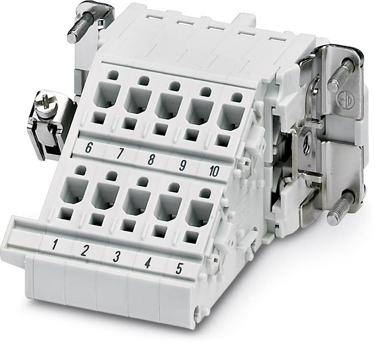 Weißer elektrischer Klemmblock mit nummerierten Anschlüssen von 1 bis 10 und Schraubverbindungen, für Kabelverbindungen in Schaltschränken.