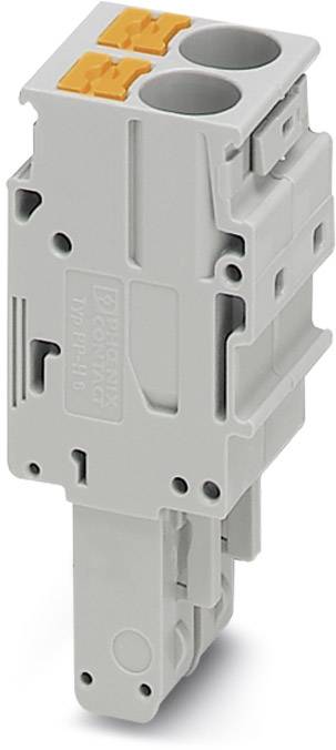Ein grauer elektrischer Steckverbinder mit zwei orangefarbenen Hebeln, verwendet zur sicheren Verbindung von elektrischen Leitungen.