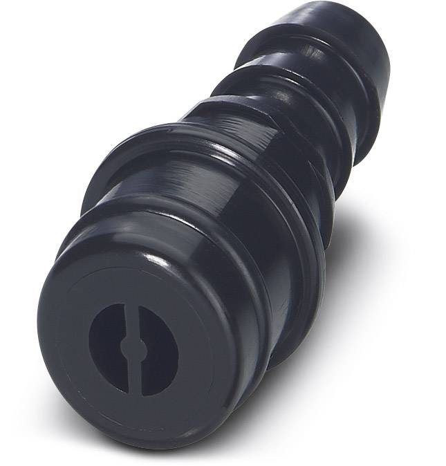 Ein schwarzer, zylinderförmiger Kunststoffverbinder mit mehreren Stufen und einem schlitzenförmigen Ende, möglicherweise für Schläuche geeignet.