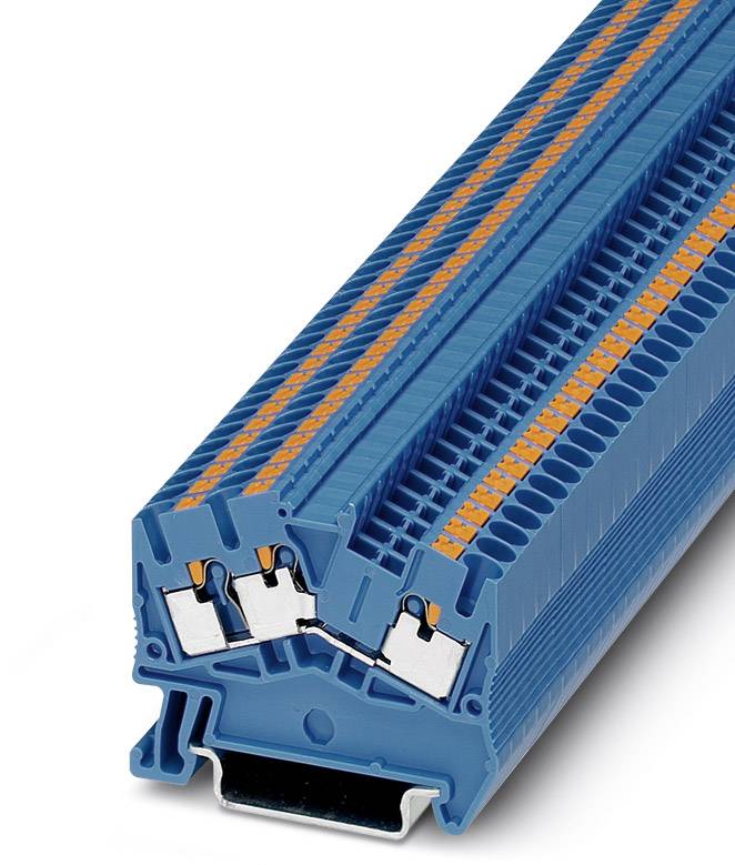 Ein blauer elektrischer Sicherungsträger mit Kupferleitungen zur Verbindung und Verteilung von elektrischen Signalen in Schaltschränken.