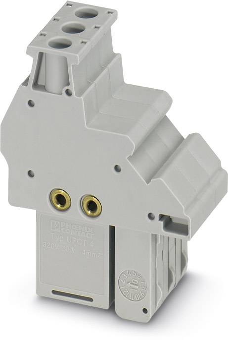 Graue elektrische Anschlussklemme mit drei oberen Steckplätzen und zwei seitlichen Verbindungen, geeignet für 320V und 20A.
