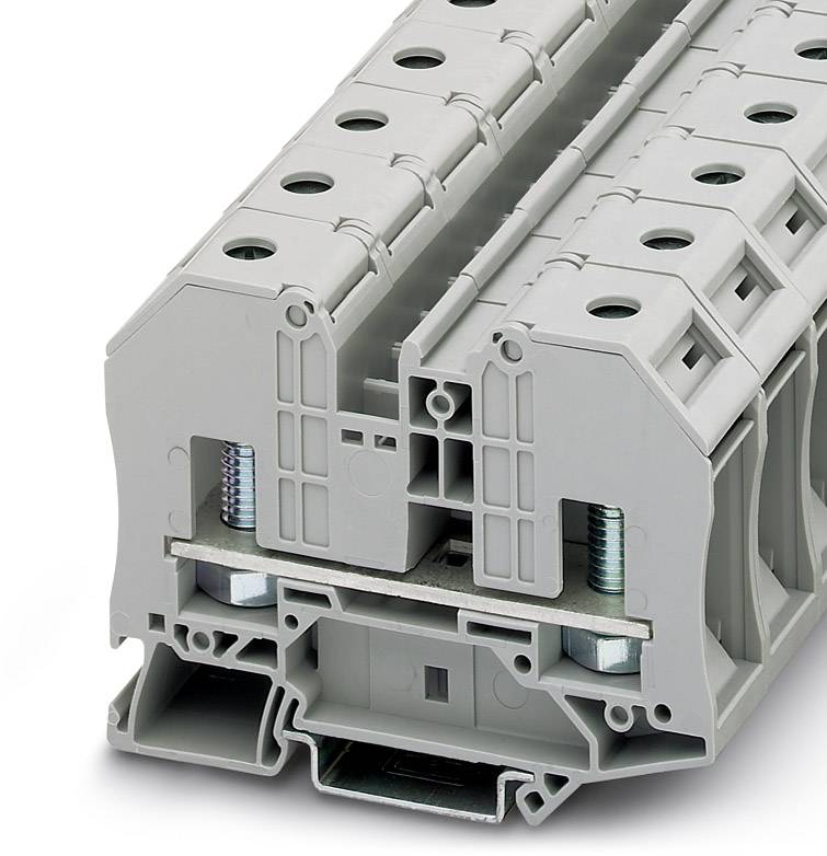 Grauer, modularer Reihenklemmanschluss aus Kunststoff mit mehreren Schrauben- und Steckverbindungen für elektrische Installationen.
