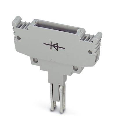 Ein grauer elektronischer Bauteilstecker mit vier Löchern. Auf der Vorderseite ist ein Diodensymbol abgebildet.