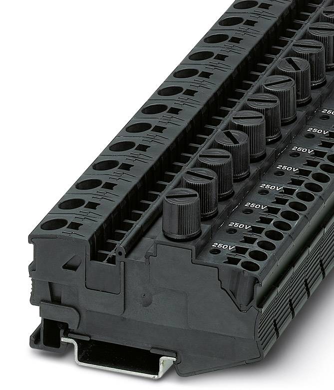 Ein schwarzer, modularer Reihenklemmenblock mit mehreren Anschlussklemmen. Jede Klemme hat eine Beschriftung '250V'.