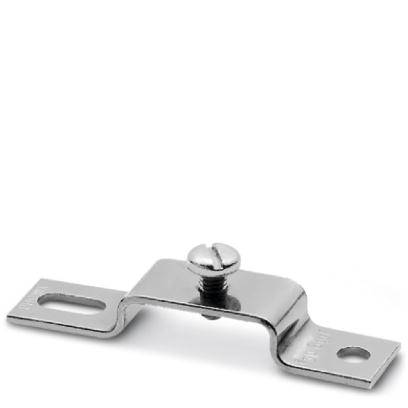 Metallwinkelverbinder mit zentraler Schraube. Verwendet zur Befestigung von Objekten an Oberflächen. Robustes, silberfarbenes Material.