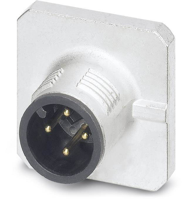 Ein silberner, quadratischer elektrischer Steckverbinder mit kreisförmigem Anschluss und mehreren goldfarbenen Stiften.