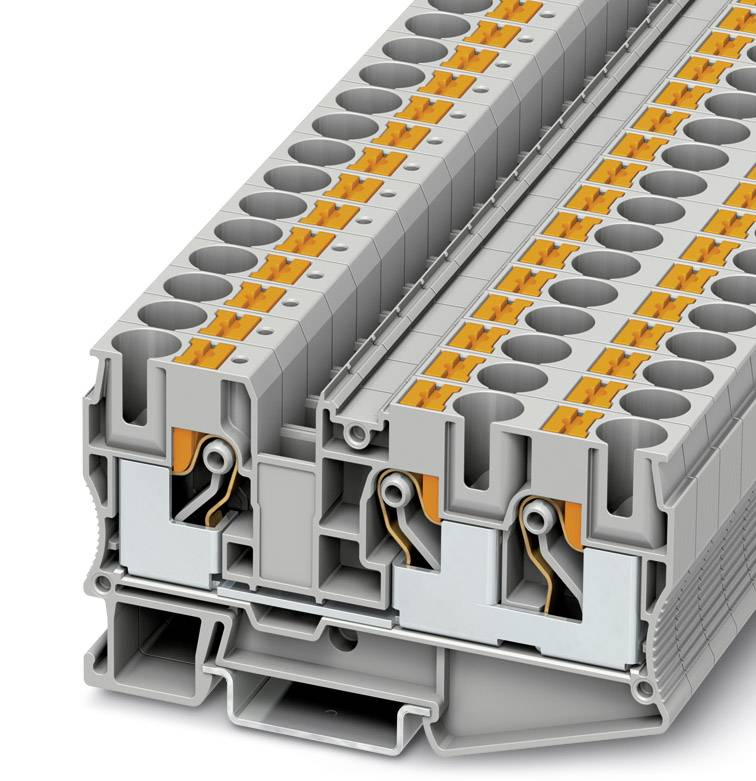 Elektrische Reihenklemme in Grau mit orangefarbenen Elementen, zeigt doppelte Anschlussstellen und Drahtführung für Kabelmanagement.