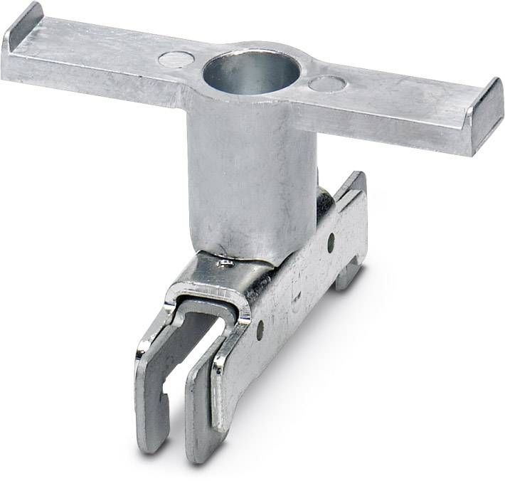 Metallverbinder mit zwei zylindrischen Steckplätzen und einem flachen, horizontalen Arm, möglicherweise für Montagen verwendet.