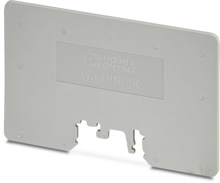 Graues Endstück für die Trennung von Schienenklemmenmodule. Aufschrift 'Phoenix Contact Typ TPN-UK'.