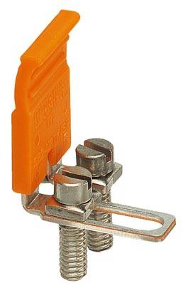 Ein orangefarbener elektrischer Sicherungshalter mit zwei Metallklemmen und Schrauben, zur Befestigung von elektrischen Leitungen.