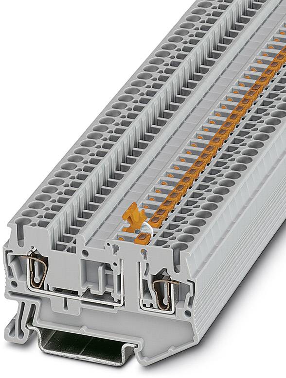 Graues Reihenklemmenmodul mit orangefarbenen Klemmelementen. Es dient zur elektrischen Verbindung und Organisation von Schaltkreisen.