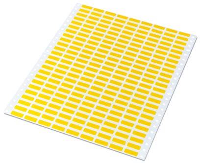 Ein weißes Blatt Papier mit mehreren Reihen von rechteckigen, gelben Etiketten. Die Etiketten sind gleichmäßig verteilt.