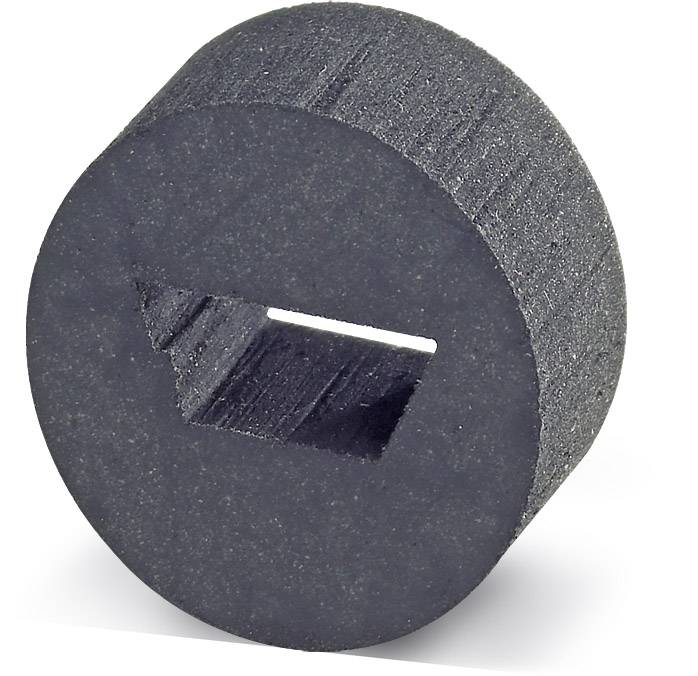 Ein runder, dunkler Schaumstoffstopfen mit einem schlitzartigen Einschnitt in der Mitte.