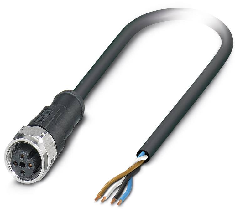 Ein schwarzes Kabel mit einem silbernen Stecker, das vier freiliegende Drähte in den Farben braun, blau, schwarz und grau zeigt.