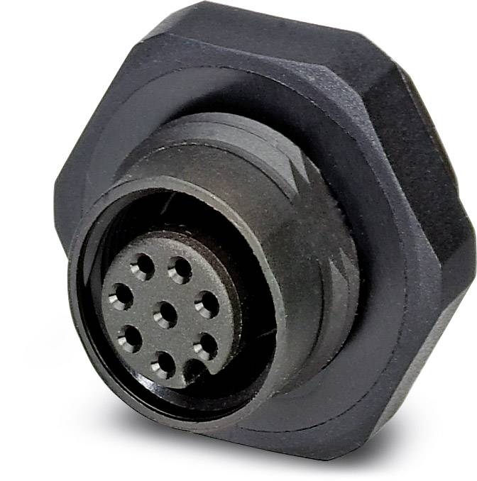 Ein runder, mehrpoliger elektrischer Stecker mit schwarzem Gehäuse, geeignet für industrielle und technische Anwendungen.