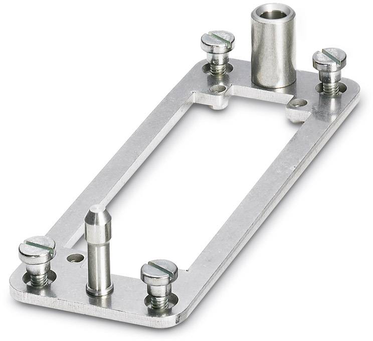 Metallplatte mit rechteckigem Ausschnitt, fünf Schrauben und einem zylindrischen Anschlussteil. Details zeigen technische Präzision.