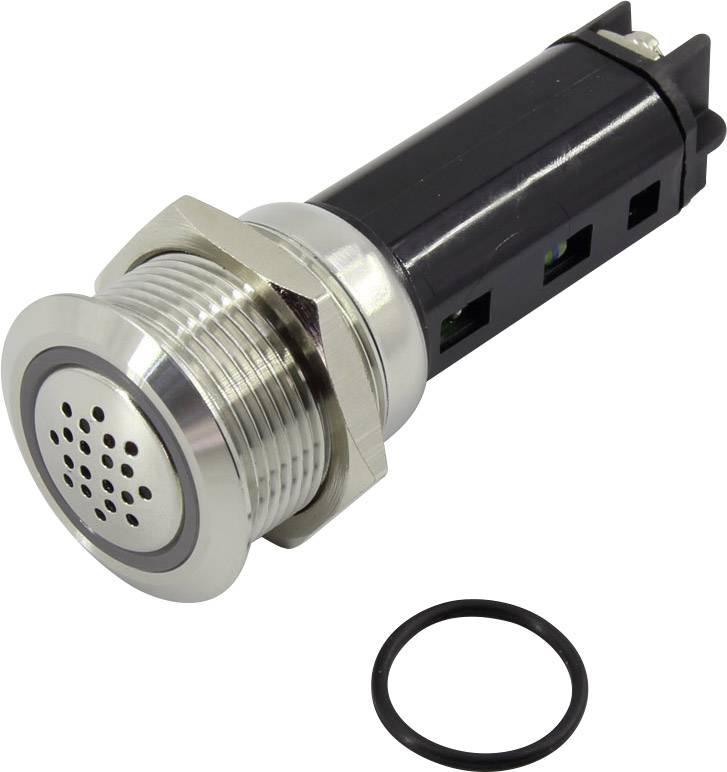 Ein runder, silberner Druckknopf mit schwarzen Plastikteilen und einem schwarzen Dichtungsring. Typisch in elektronischen Geräten verwendet.