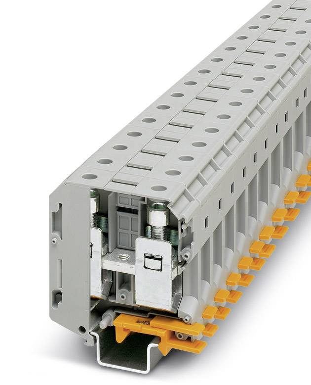 Reihenklemme mit grauem Gehäuse und orangefarbenen Hebeln, zeigt Klemmpunkte für elektrische Verbindungen.
