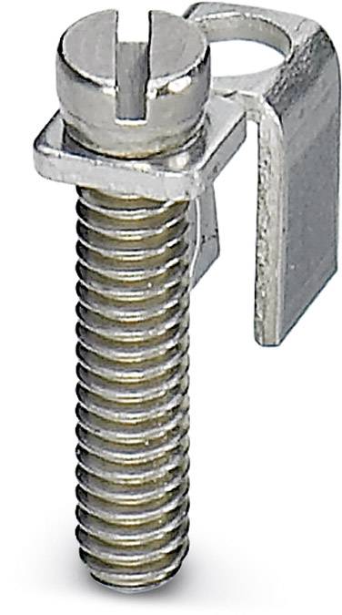 Eine einzelne Metallschraube mit Schlitzkopf und Gewinde, daneben eine Metallklammer, auf weißem Hintergrund.