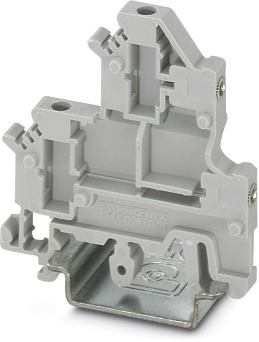 Grauer Reihenklemmeinsatz von Phoenix Contact auf Metallschiene montiert, hauptsächlich für elektrische Verbindungen in Schalttafeln verwendet.